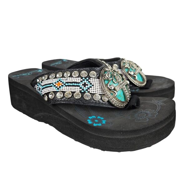Montana West Wedge Flip Flop Sandal 6 Cross Medallion Turquoise Bead Rhinestone - Picture 2 of 14